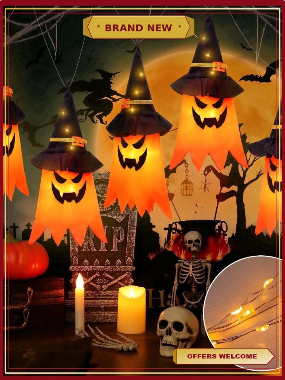 5-Piece Halloween Lighted Ghost & Witch Hat Decor Set for Yard Garden Party
